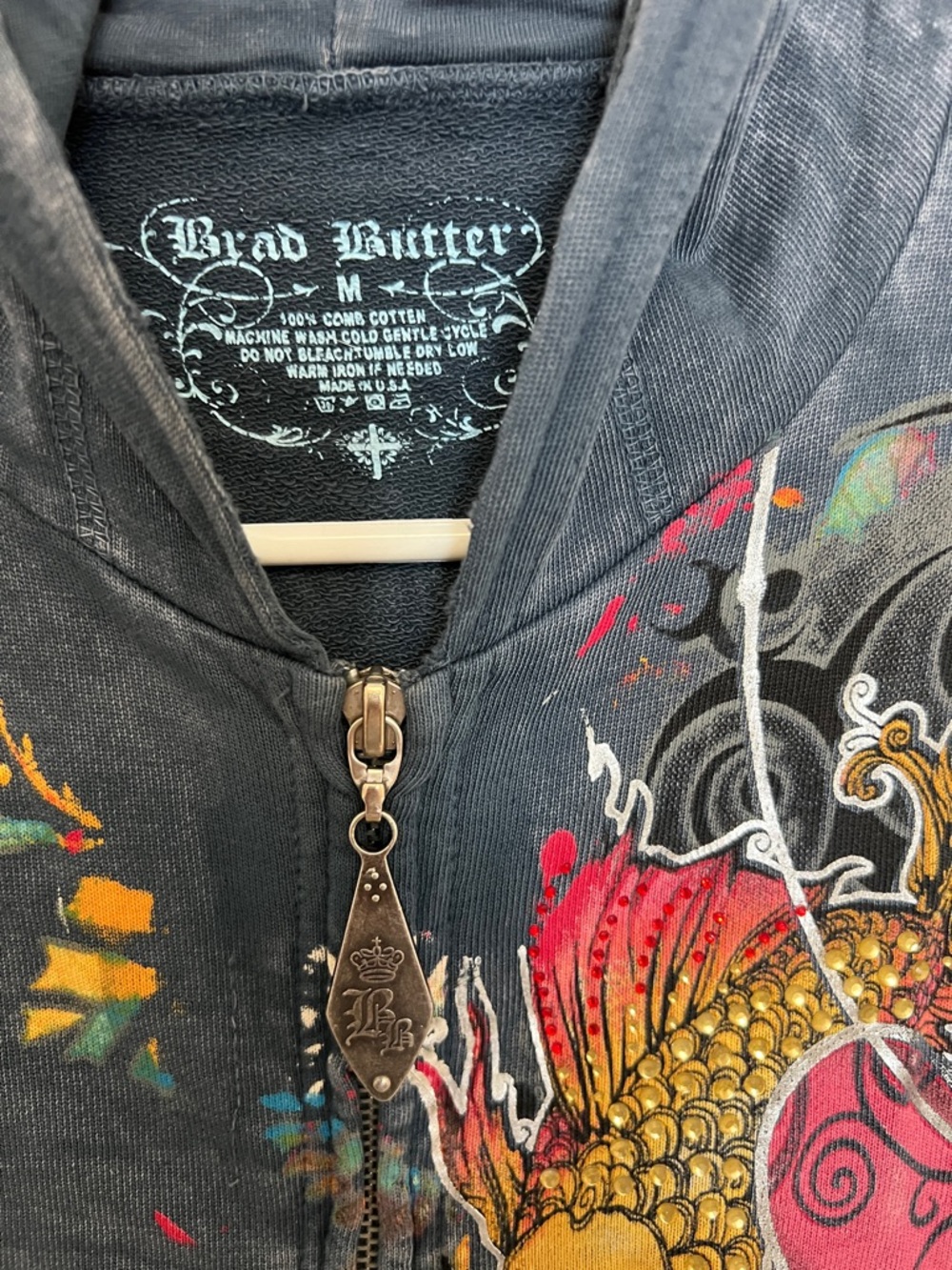Brad Butter Blue Zip Hoodie with Multicolor Koi & Floral Artwork - Picture 2 of 3
